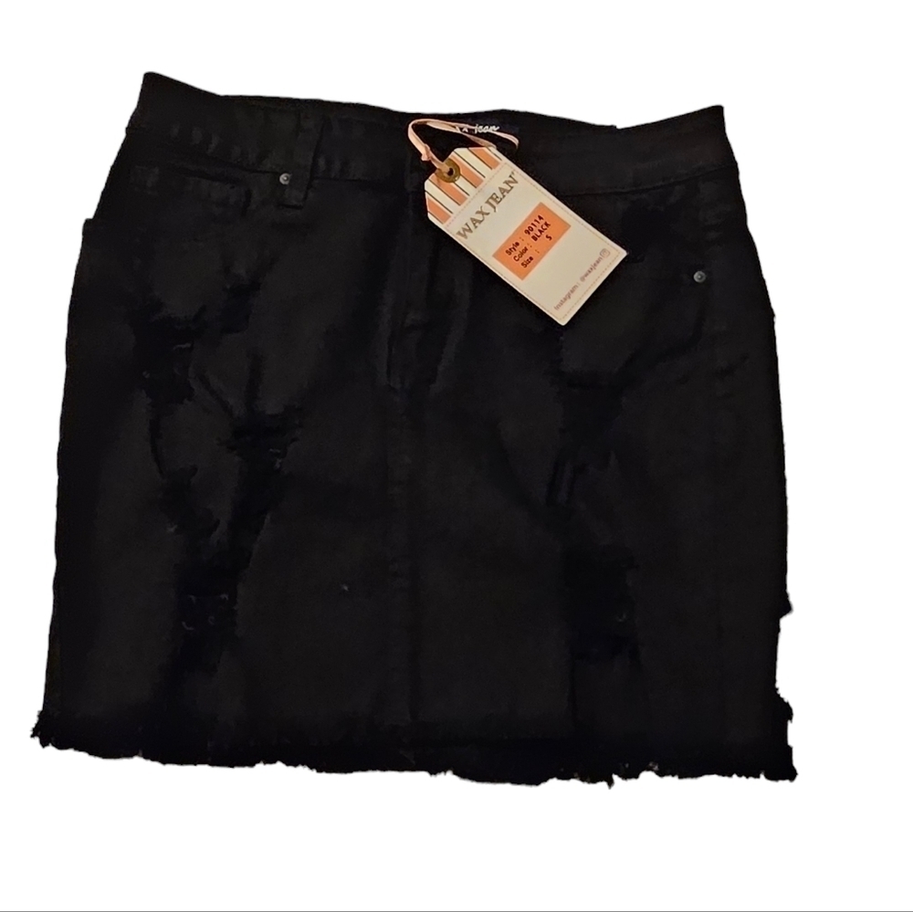 Wax Jean Black Distressed Denim Mini Skirt 98% Cotton 2% Spandex Size S
